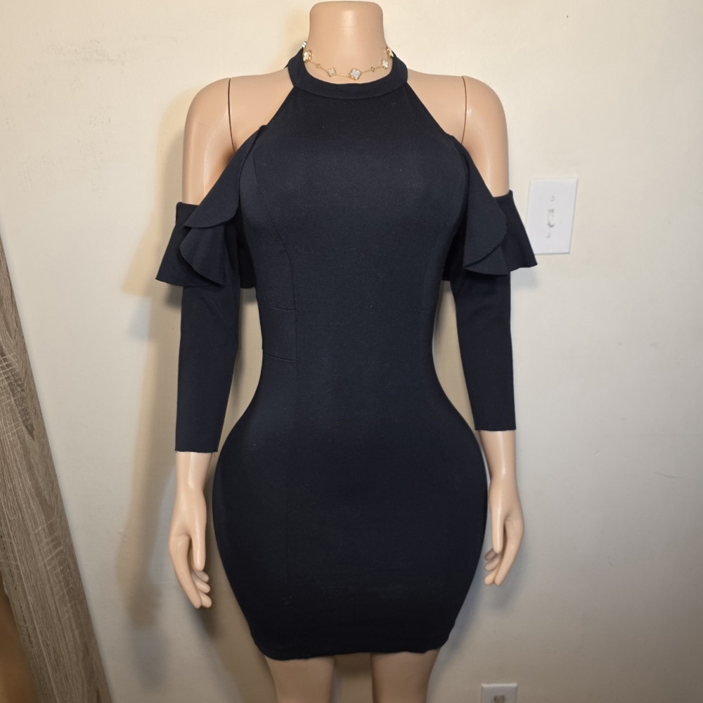Free People Black Cold Shoulder Long Sleeve Ruffle Dress